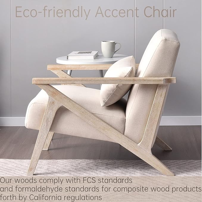 INZOY Mid Century Modern Chair with Wood Frame Upholstered Armchair with Waist Cushion Accent Chair for Living Room Bedroom Apartment Easy Assembly Beige