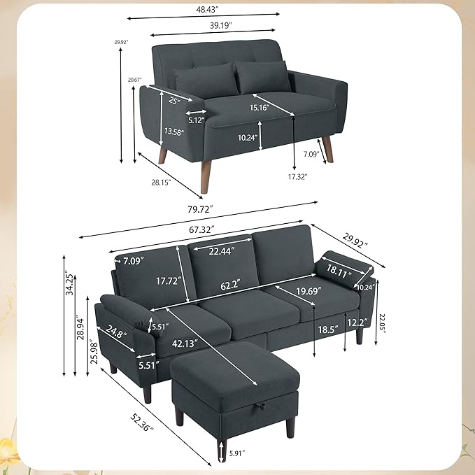 2 Piece Sectional Sofa Set 3-Seat Small L Shaped Couch with Storage Ottoman and 2 Seat Loveseat Sofa Set Polyester Fibre for Living Room Dark Grey