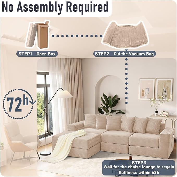 102 Upgraded L-shaped Modular Sectional Couches for Living Room Convertible Oversized Sleeper Sofa Bed-Luxury 1.5 Queen Bed. 11-in-1 Multifunctional Corduroy Boneless Folding Futon Couch Beige.