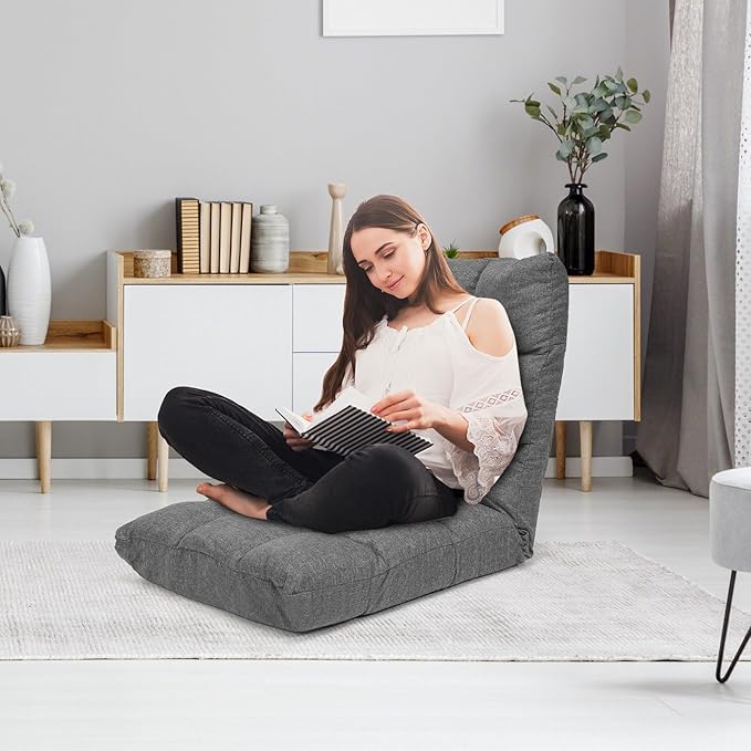ERGOMASTER Floor Gaming Chair with Back Support 14 Adjustable Positions Folding Recliner Alloy Steel Frame High Resilience Sponge &amp Linen Fabric Couch Recliner for Playing Reading for Adults Kids