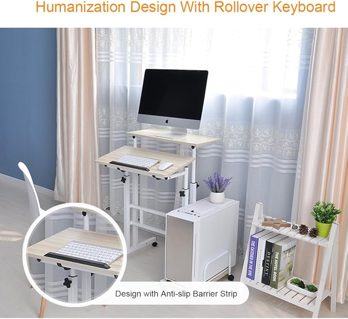 soges Mobile Standing DeskAdjustable Height Roling Sit-Stand Desk Small Standing Computer Desk Workstation on Wheels Sit Stand Up Desk for Home Office Oak