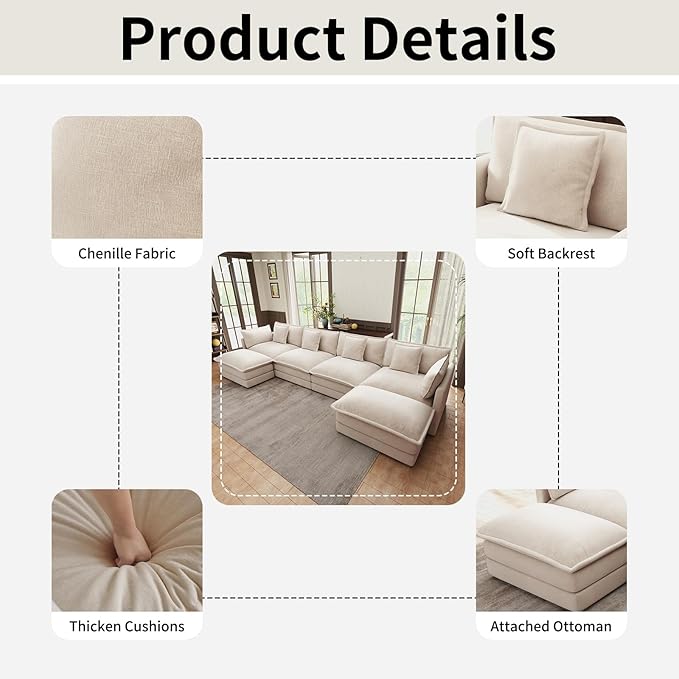 146.5 U Shaped Couch Modular Sectional Sofa Comfy Chenille Cloud Couch with Movable Ottoman and Pillow Modern 4-Seater Deep Seat Sofa for Living Room(KhakiU Shaped Sofa)