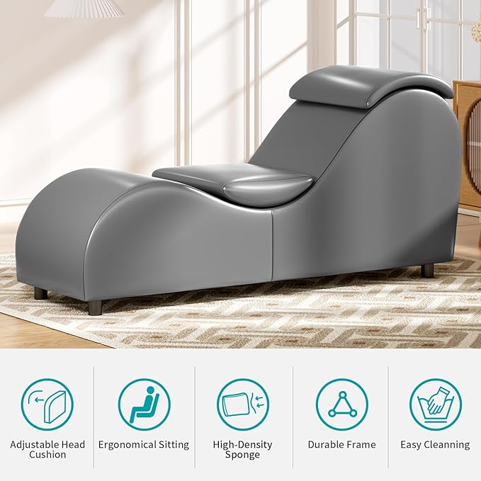 BALUS 60'' Yoga Chairs for Adults Stretching Exercising Relaxing Faux Leather &amp Wooden Sleek Yoga Sofa Chaise Lounge Chair with Adjustable Head Cushion for Living Room Apartment Office Dark Gr