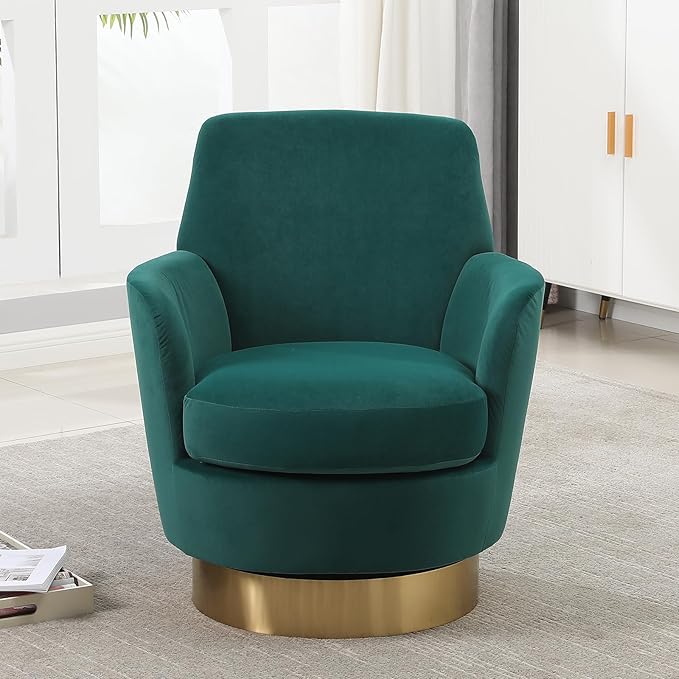 360° Swivel Barrel Accent Chair Comfy Round Accent Chairs with Gold Iron Base &amp Dual-Layer Cushion Modern Lounge Reading Armchair Upholstered Sofa Chair for Living Room Bedroom(Velvet Emerald