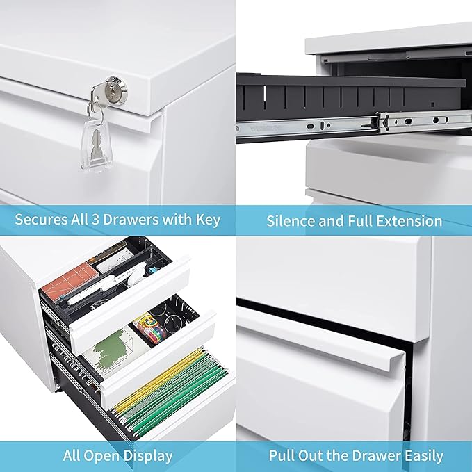 Anwick 3 Drawer Mobile File Cabinet Under Desk Fully Assembled Except Casters fits Letter/Legal/A4 Size for Home Office (White 3-Drawer)
