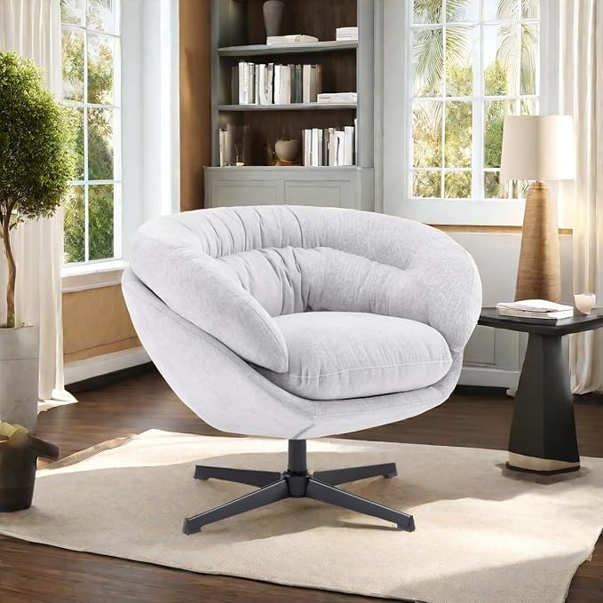 Modern Chenille Office Chair 360° Swivel Club Chair/Accent Chair with Removable Cushion Round Office Chair Black Metal Base Cotton Material Living Room Bedroom Reading Corner (Gray)