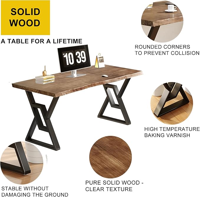 Rustic Brown 55-inch Solid Wood Computer Desk - Modern Gaming Workbench for Home Office Modern Simple Design Ideal for Study Writing Dining