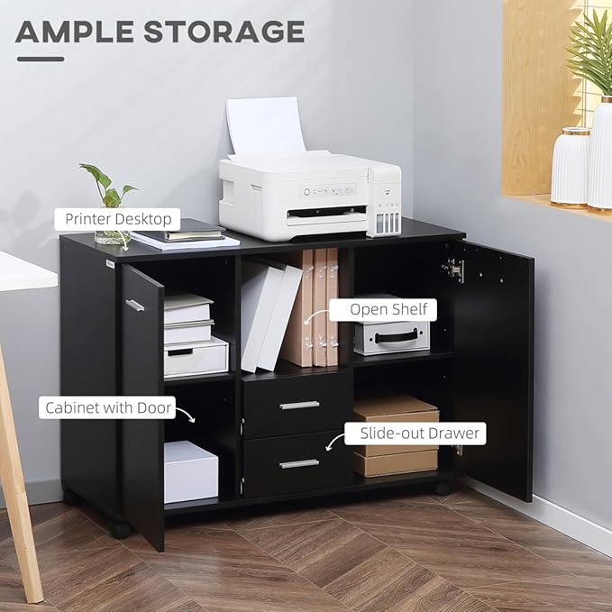 Multifunctional Office Filing Cabinet and Mobile Printer Stand with 2 Drawers Adjustable Shelves Lockable Wheels and Spacious Countertop Ideal for Home Office Study Room