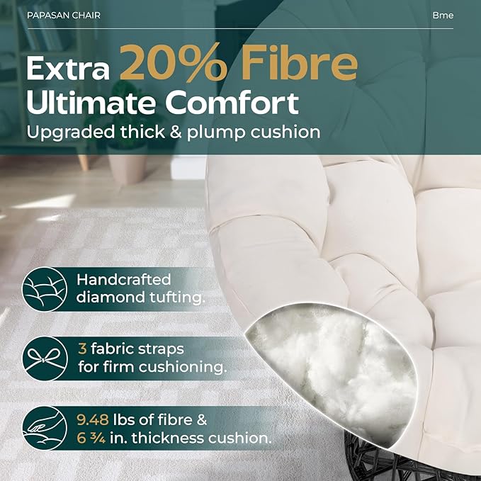 Bme 40 Ergonomic Wicker Papasan Chair with Soft Thick Cushion &amp Frame 360° Swivel Circle Reading Comfy Chair for Living Room Bedroom