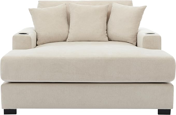 Modern Indoor 55 Oversized Chaise Lounger Chenille Fabric Sofa Couch with Pillows Armrest Cup Holders Removable Washable Covers Reclining Sleeper Chair for Living RoomOffice (Cream55)