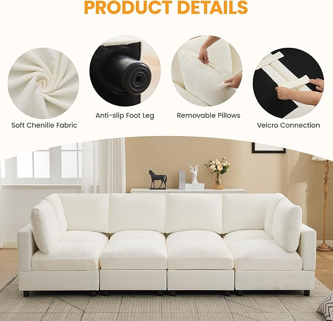 116'' Modular Sectional Cloud Sofa Bed 8-Seater Convertible Sofa Couch with Ottoman Modern Deep Seat Sleeper Sofa for Living Room Chenille Beige
