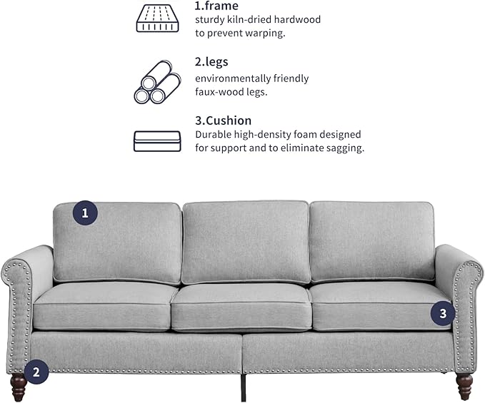 2 Piece Living Room Sofa Set 3 Seat Sofa and Armchair Sets Modular Sectional Couch Furniture Sets Gourd Shapes Wood Legs Sofas Couches for Living Room/Bedroom/Home/Apartment - Light Grey