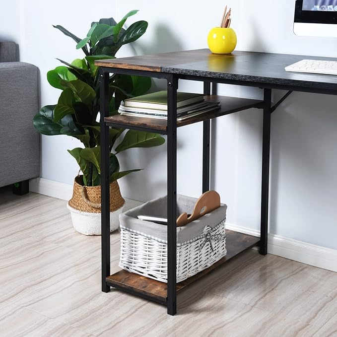 FurnitureR Home Office Desk Wood Top L47.2 Contemporary Writing Table with 4 Storage Shelves for Home Office Study Living Room Computer Desk Brown&ampBlack