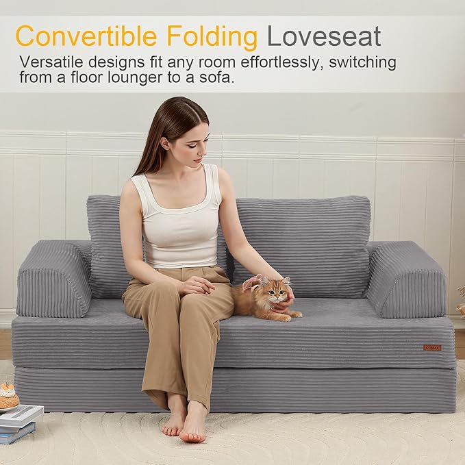 COMAX Convertible Sofa Bed Folding Floor Couch Corduroy Fold Out Couch Bed Futon Sleeper Mattress with Pillows Boneless Sofa Comfy Lounge Loveseat for Living Room Bedroom Light Grey