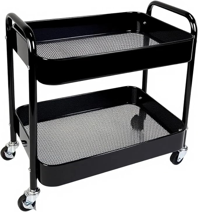 2 Tier Rolling Cart with Wheels for Under Desk Storage &amp Pantry Room Large Capacity Laundry Room &amp Makeup Organizer Sturdy Kitchen Utility Cart for Small Space with 4 Hooks Black