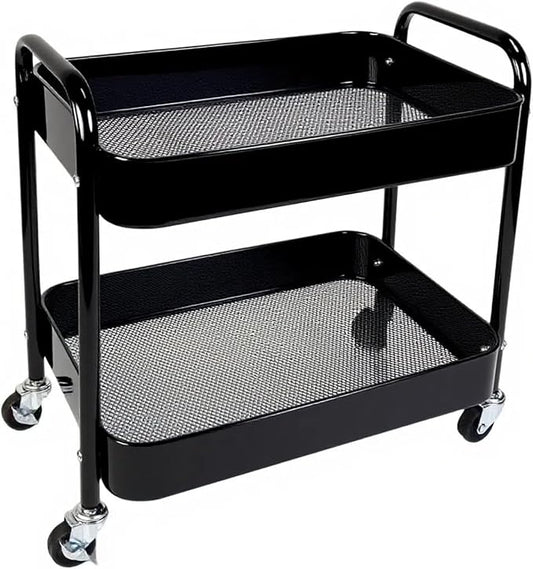 2 Tier Rolling Cart with Wheels for Under Desk Storage &amp Pantry Room Large Capacity Laundry Room &amp Makeup Organizer Sturdy Kitchen Utility Cart for Small Space with 4 Hooks Black