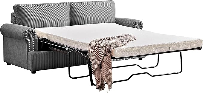 Reversible Sleeper Sofa Bed with Comfortable Memory Foam Mattress Convertible Corduroy Full Size Pull Out Couch for Living Room Space Saving Furniture 76 Wide Rounded Arms Grey