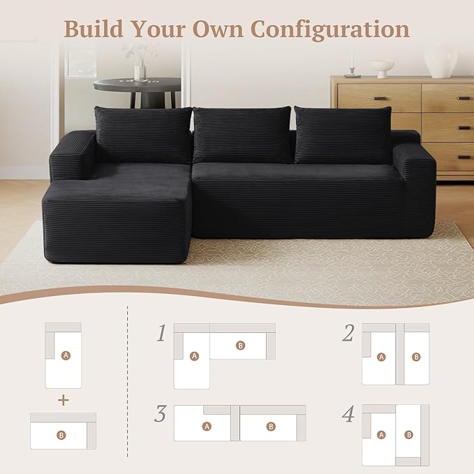 97inch Boneless L-Shaped Sectional Sofa with Throw Pillow &amp Side Pockets- No Assembly Compressed Modular Couch Memory Foam Deep Seat for Living Room Bedroom Apartment Black Left