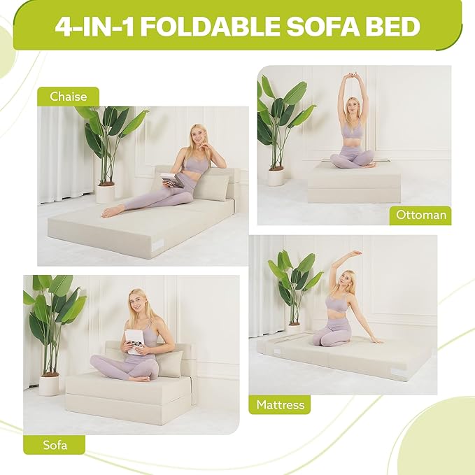 Folding Sofa Bed 4 in 1 Convertible Sleeper Sofa Bed Chair with Pillow Twin Memory Foam Loveseat Futon Sleeper Chair Foldable Futon Couch for Living Room Bedroom Guest Room Beige