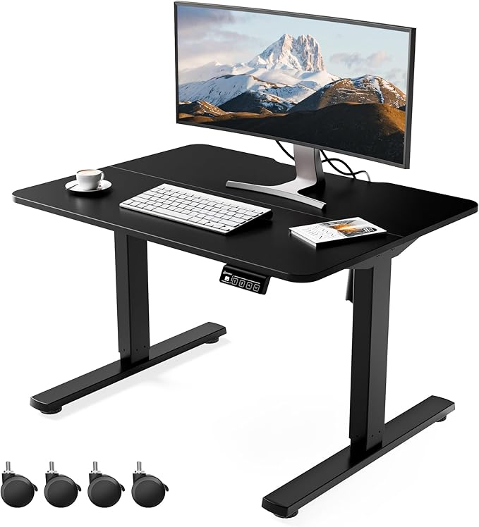 ERGOMAKER Low Height Adjustable Desk with Lockable Wheels Lifts 18.9-29.5 31.5 x 23.6 Electric Small Standing Desk with Splice Board for Home Office &amp Short People(Black Frame Black Desktop