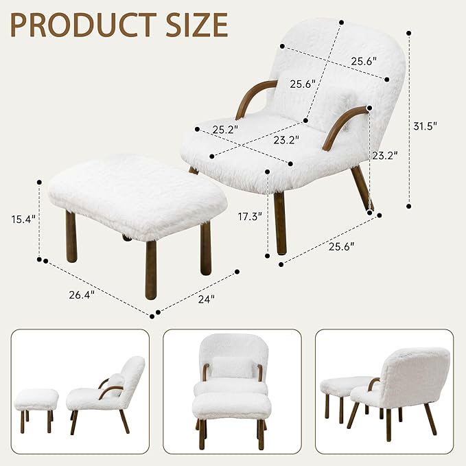 Modern Corduroy Accent Chair with Ottoman White Upholstered Lounge Chair Set with Wood Arms Living Room Furniture 31.5 Height (Artificial Fur White)