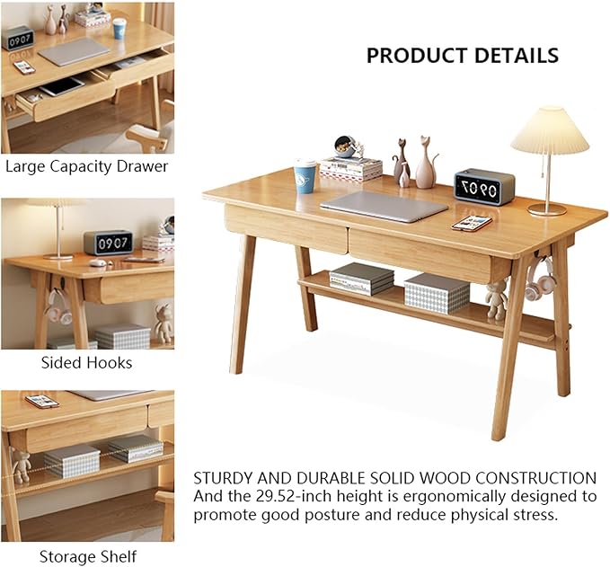 Solid Wood Writing Desk Mid-Century Modern Desk with 2 Drawers and Storage Shelf Home Office Computer Desk Easy Assembly(31inches White)
