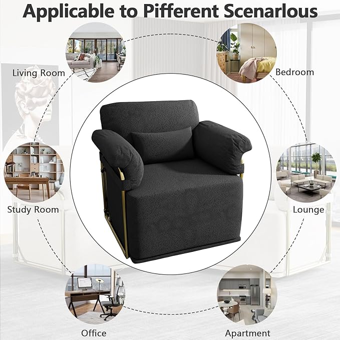Swivel Accent Chairs 360 Swivel arm Chairs for Bedroom Club Chair with Back Gold Frame Tall Base for Office and Living Room (Black)