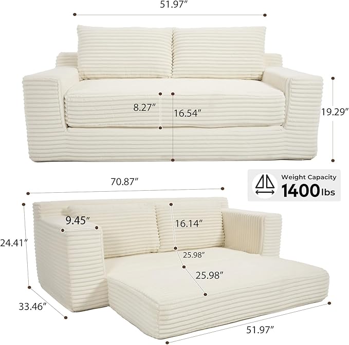 Anwick 2 in 1 Convertible Sleeper Sofa Bed 72 Corduroy Loveseat Sofa w/ 2 Pillows Oversized Chaise Lounge Chair Indoor Pull Out Couch Bed for Small Spaces/Living Room/Bedroom No Assembly (Beige)