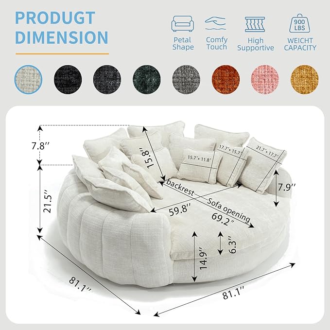 81 Oversized Round Sofa Bed Large Chenille Bean Bag Chair No Assembly Required Cloud Couch Fluffy Plush Chaise Lounge Chair Indoor Modern Sleeper Sofa with Deep Seat for Living Room (Beige)