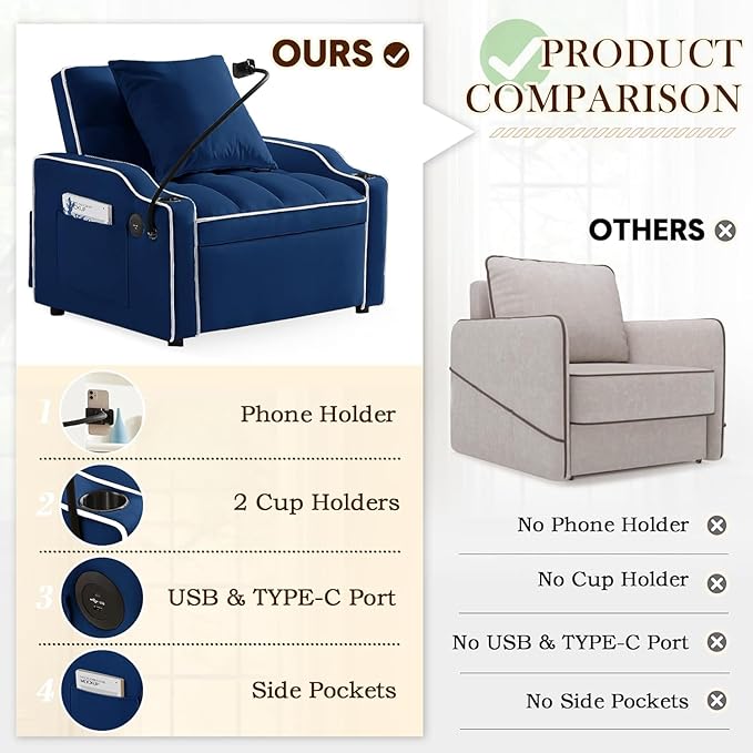 3-in-1 Convertible Sleeper Sofa Bed Chair with Cup Holders &amp Phone Holder Futon Chair Bed with Pull Out Couch Adjustable Backrest Modern Velvet Chaise Lounge Living Room Bedroom (Navy Blue 35.4