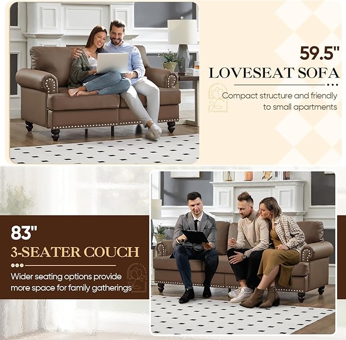 83-inch 3 Seater Couch with Storage Mid Century Chesterfield Faux Leather Vintage Retro Classic Sofa Couch with Nailhead Trim &amp Rolled Armrests for Living Room Bedroom Office Brown