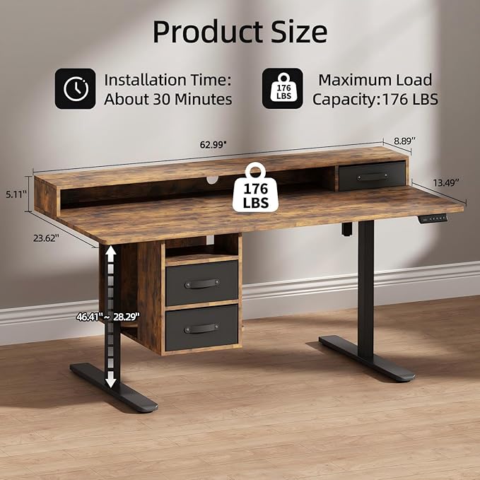 63x24 Inches Standing Desk with Drawers Electric Computer Desk with Open Storage Shelf Stand Up Desk Adjustable Height 28-46 Inches for Home and Computer Workstation Rustic Brown