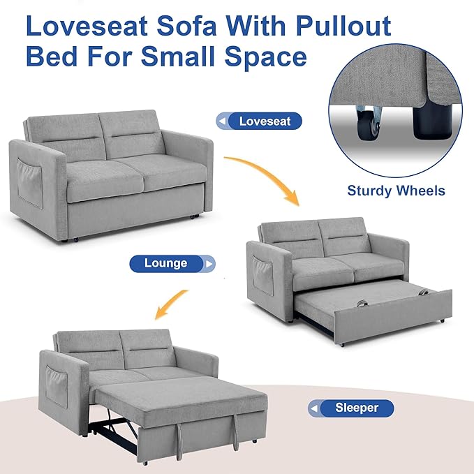 Loveseat Sleeper Sofa Bed Pull Out Couch Comfortable Chenille Fabric Adjustable Backrest Resilient Sponge Cushions Sturdy Wood Frame Side Storage Pockets Grey