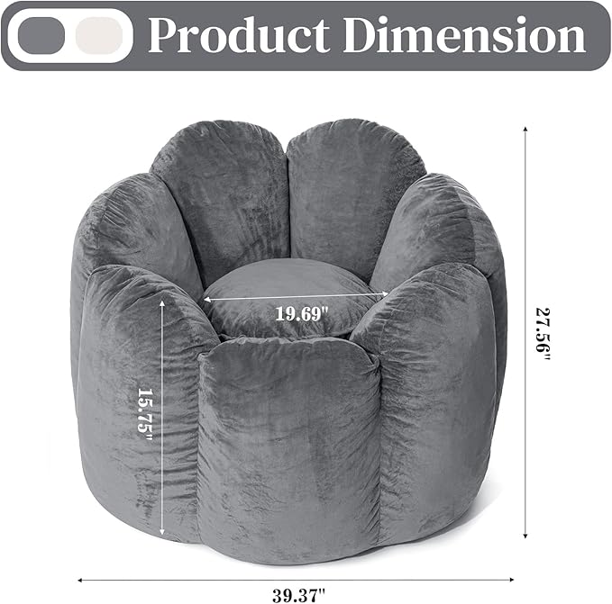 HOMMPA Bean Bag Chair for Adults Comfy Velvet Bean Bag Couch with Back Support Flower Shaped Oversized Sofa for Living RoomBedroomDormGrey