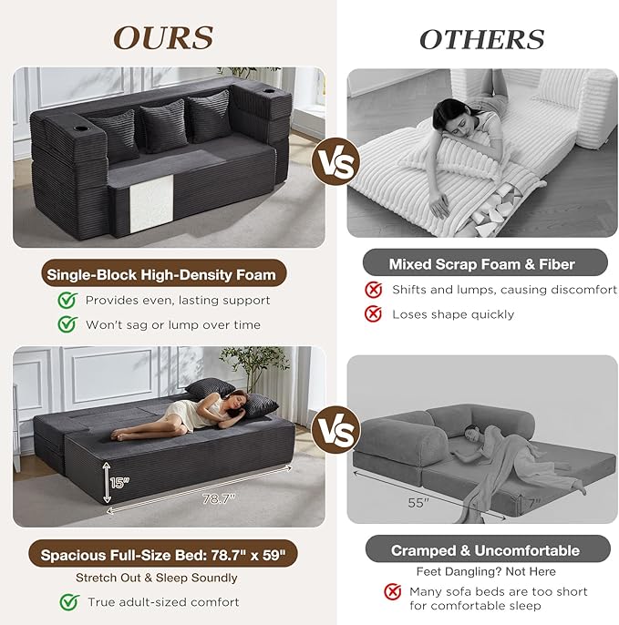 HOMREST 78.7 Sleeper Ottoman Sofa Bed for Small Space Full-Length Folding Memory Foam Couch in a Box with 2 Ottomans &amp Flip-Up Armrest 3-in-1 Convertible Futon No Assembly Dark Grey