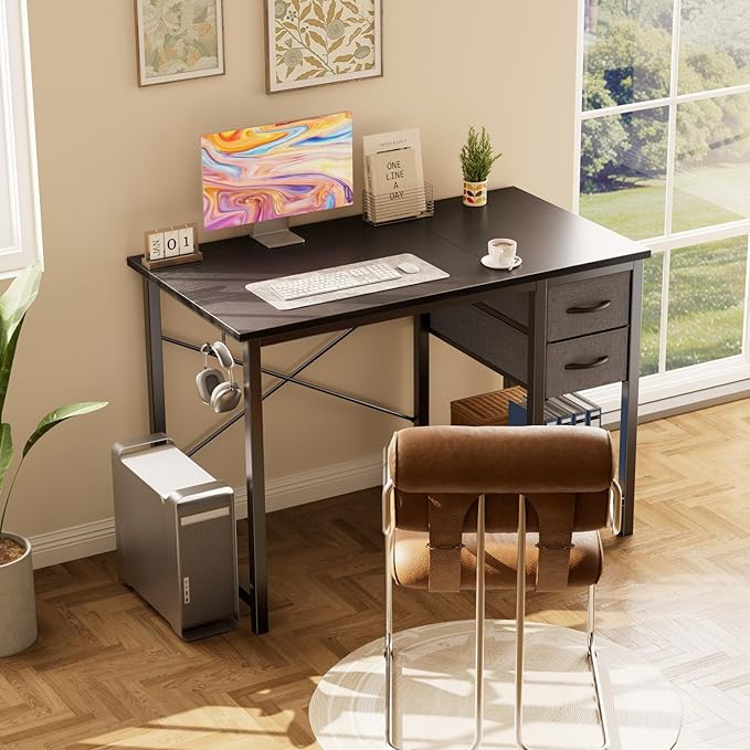 Sweetcrispy 40 Inches Computer Desk with Drawers Home Office Writing Desk with X-Shaped Reinforcement Modern Study Work Table with Side Hook Sturdy Metal Frame Black