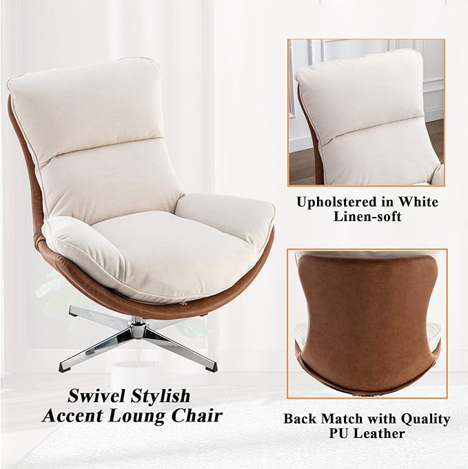 DUOMAY Swivel Accent Chair Modern Linen Soft Foam Lounge Chair with High Back Comfy Rocker Chair for Living Room Bedroom Reading Room Office Tilt &amp Swivel Chrome Base Beige