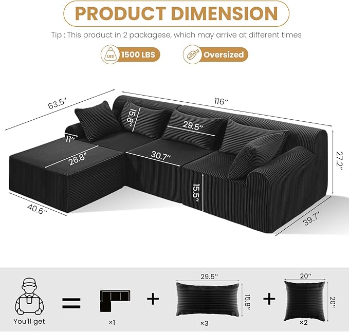 Oversize Boneless Couch for Living Room Comfort L Shaped Cloud Couch Sectional with Deep Seat and Movable OttomanModular Sectional Sofa with 5 PillowsNo Assembly RequiredBlack