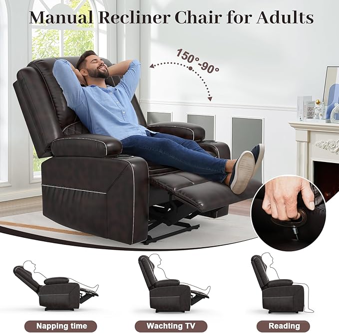 Loveseat Lounger Sofa Set with 2 Layers Cushion Living Room 2+1 Piece 2 Seater Reclining Double Sofa Leather with Removable Console 1 Oversized Lounger Sofa Seats