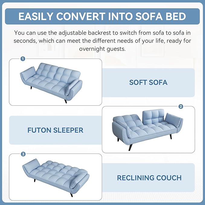 KINFFICT 57 inch Blue Futon Sofa Couch Bed Comfy Velvet Upholstered Loveseat Convertible Sleeper Sofa cama with Adjustable Backrest Mid Century Modern Sofas for Living Room Bedroom Small Space