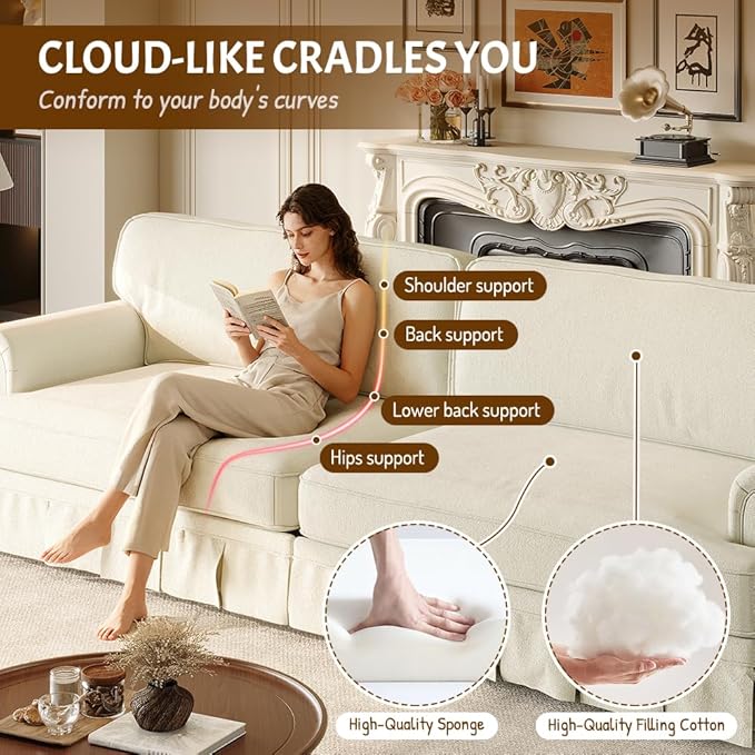 74'' Mid Century Sofa with Pleated Skirt Chenille Cloud Sectional Couch Comfy Love Seat Couches Deep Seat Rolled Arm Vintage Loveseat Sofa for Living Room Apartment Beige