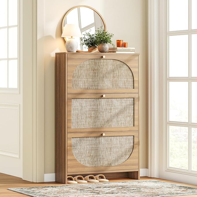 Nicetree Freestanding Ultra Slim Arched Rattan Accent Shoe Storage Cabinet for Entryway - 3 Flip Drawers &amp 3-Tier Adjustable Shelves Farmhouse Modern Rustic Shoe Rack for Hallway FoyerOak
