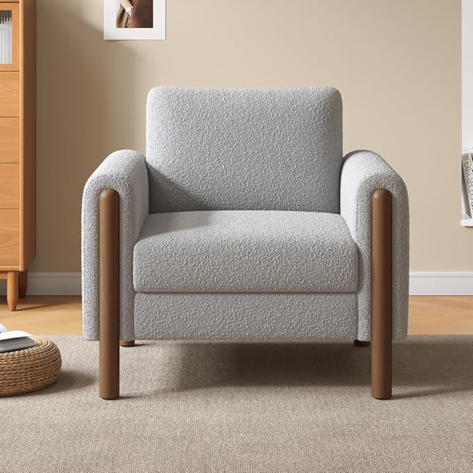Chair ReclinerReclining ChairOversized Upholstered Accent Chair Comfy Living Room Sofa Chair with Walnut Legs and Curved Armrest Plush Teddy Fabric for Bedroom (Grey + Teddy)