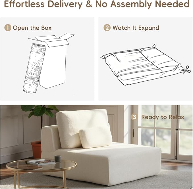 Modular Sectional Sofa Couch Plush Velvet Boneless Single Sofa Cozy Chair Flexible Convertible for Living Room &amp Small Spaces Deep-Seat No-Assembly 1-Piece
