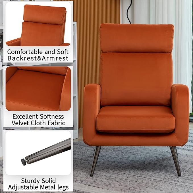Velvet Accent Chair Modern Living Room Armchair Bedroom Dorm Reading Reception Room Comfort Upholstered Sofa Chair Black Metal Legs Orange