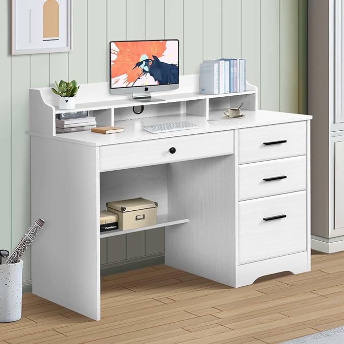 White Desk with Drawers Small Computer Desk with File Drawers for Bedroom Home Office Desk with Shelves and Monitor Stand for Writing Study Small Spaces
