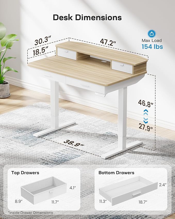 HUANUO 48 x 30 inch Electric Standing Desk with 4 Drawers Adjustable Height Sit Stand Home Office Desk with Two Tiers Ergonomic Adjustable Stand up Desk C-Clamp Monitor Mount Compatible Natural