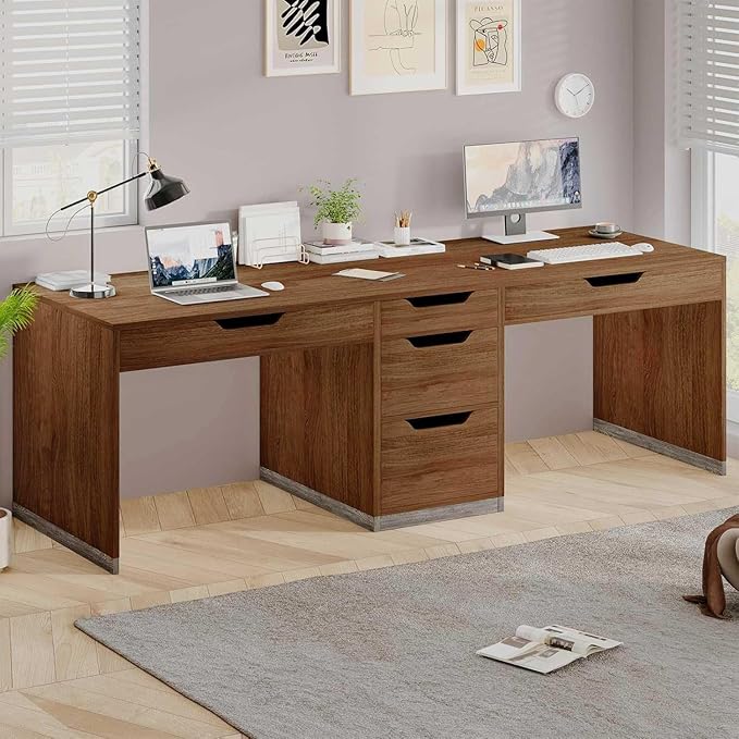 Two Person Desk with 5 Drawers Double Desk with Storage for 2 People 78 Inch Extra Long Computer Desk Workstation with File Drawer for Home Office Brown
