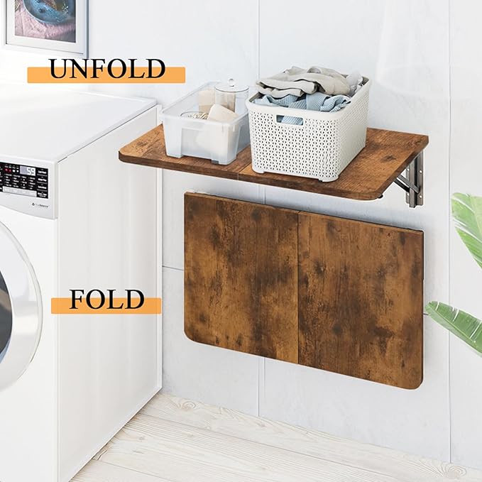 TEAMIX Wall Mounted Folding Table Rustic Brown Floating Desk for Small Spaces Laundry Shelf with Heavy Duty Brackets Floating Desk for Garage Utility Room Kitchen Laundry Room