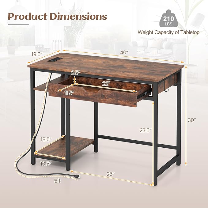Giantex Computer Desk with Drawers and Power Outlets Industrial Gaming Desk Computer Workstation with Adjustable Storage Shelf Headphone Hooks Study Writing Work Desk for Home Office